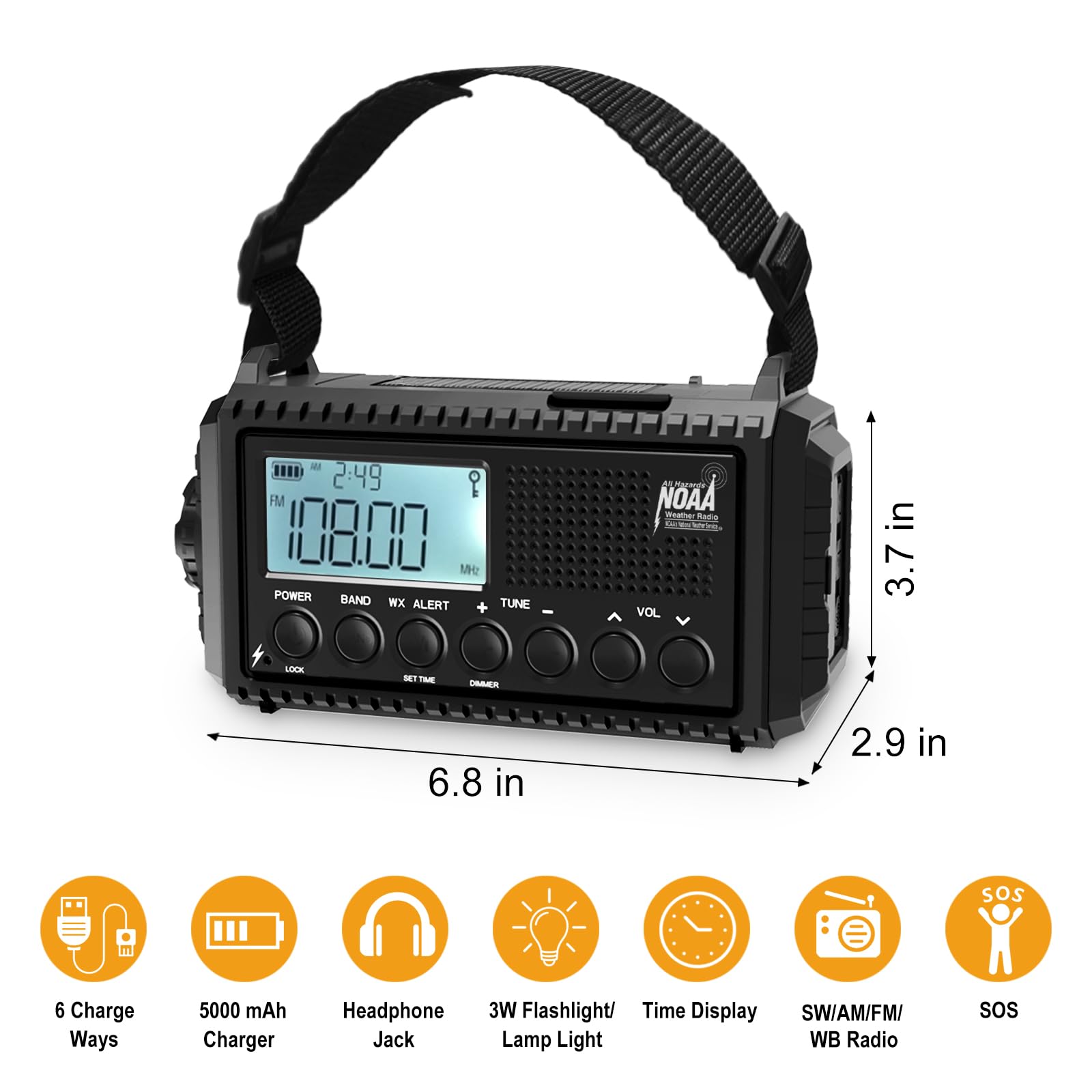 Raynic NOAA weather radio built-in hand crank and solar panel for power