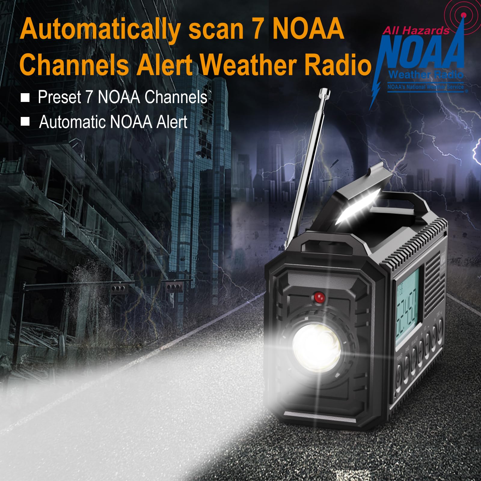 Raynic NOAA weather radio side view highlighting portability for outdoors