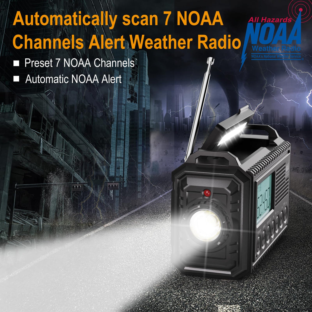Raynic NOAA weather radio side view highlighting portability for outdoors