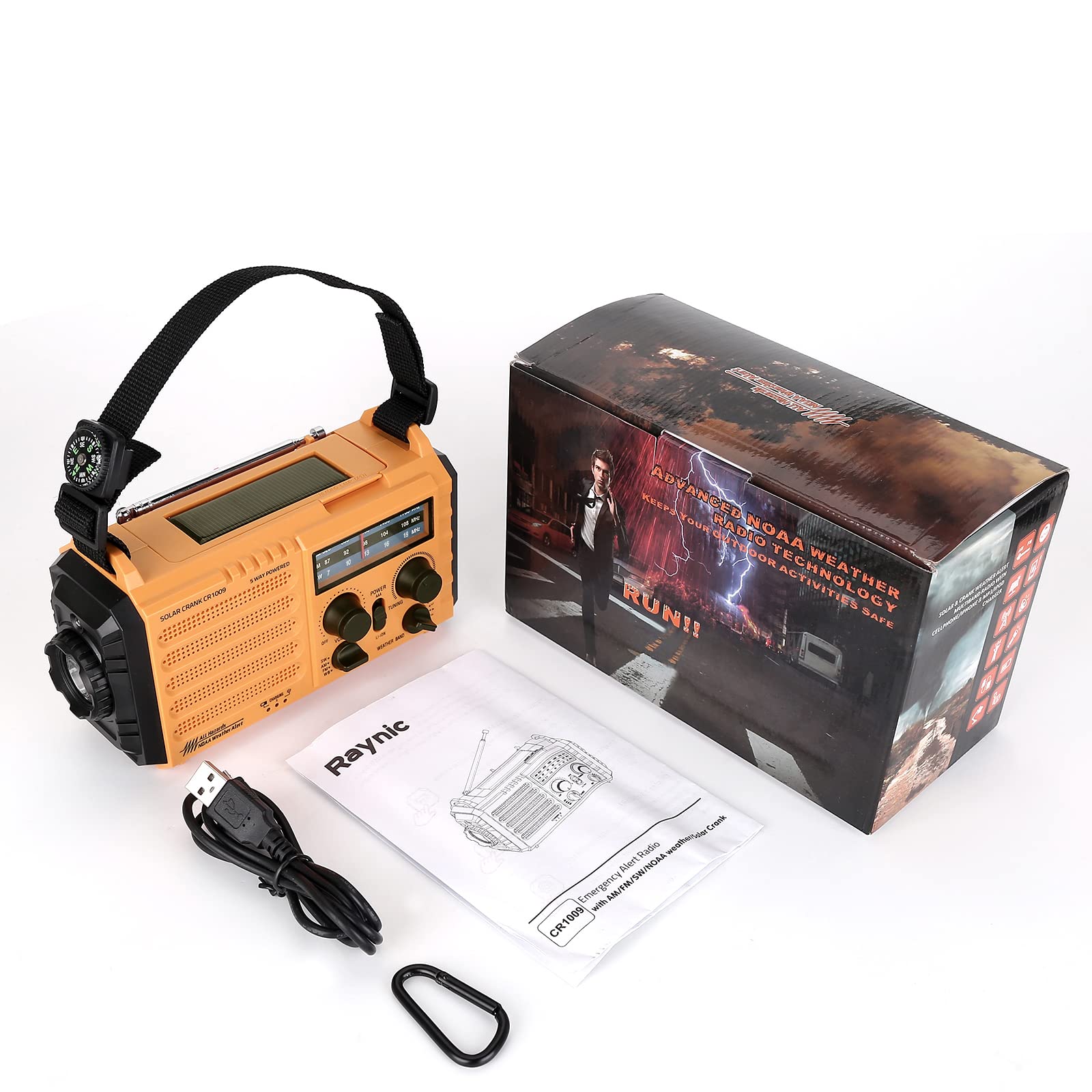 Raynic Weather Radio compact, IPX3 waterproof design for outdoor use.