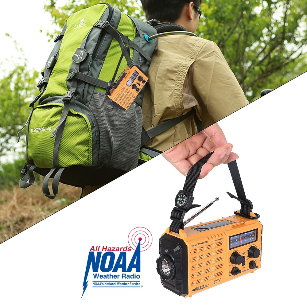 Raynic Weather Radio 3W LED flashlight brightening a dark room at night.