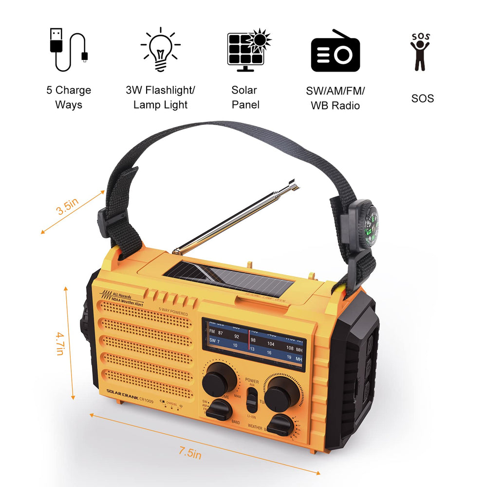 Raynic Weather Radio built-in reading lamp casting soft light for late-night updates.