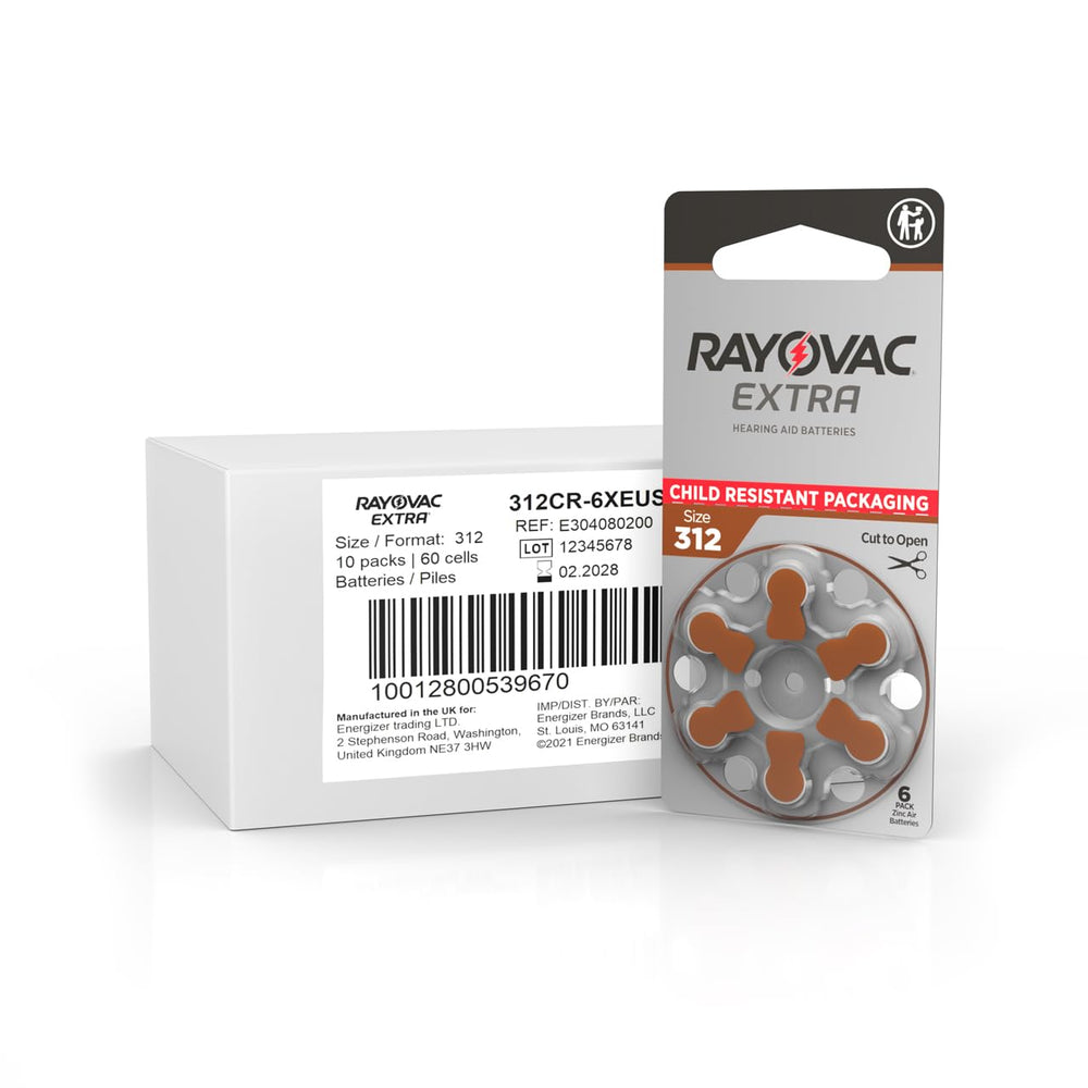 Rayovac Extra 312 batteries close-up label highlighting mercury-free design