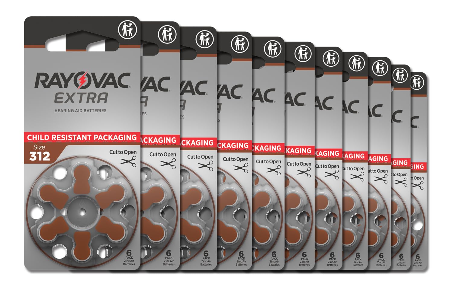 Rayovac Extra 312 batteries pack shot showing long-lasting power for hearing aids