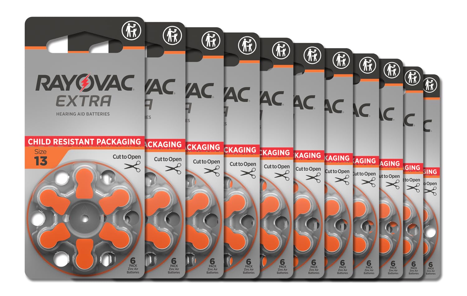 Rayovac Extra size 13 batteries in a box, designed for reliable hearing aid power.
