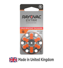 Rayovac Extra size 13 battery label showing long-life design features.