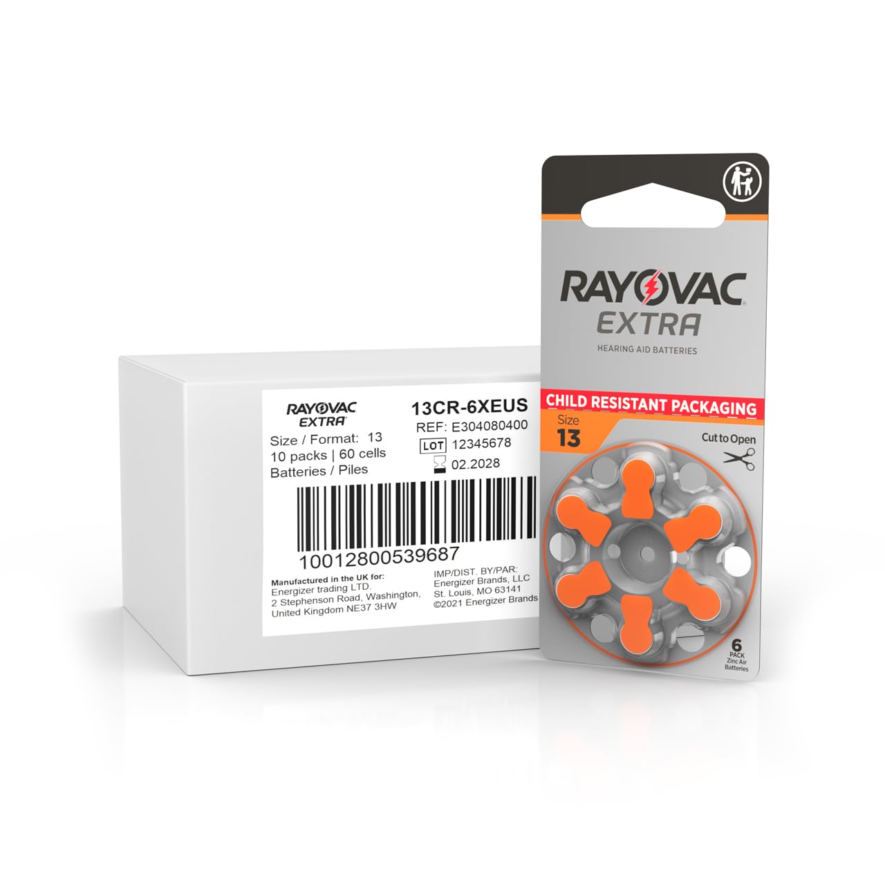 Rayovac Extra size 13 battery pack closeup highlighting zinc-air technology.