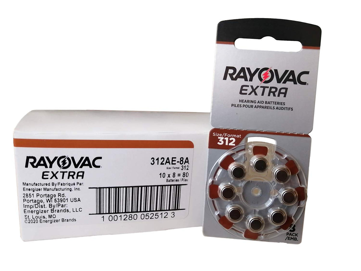 Rayovac Size 312 mercury-free hearing aid batteries in a sealed pack for reliable power.