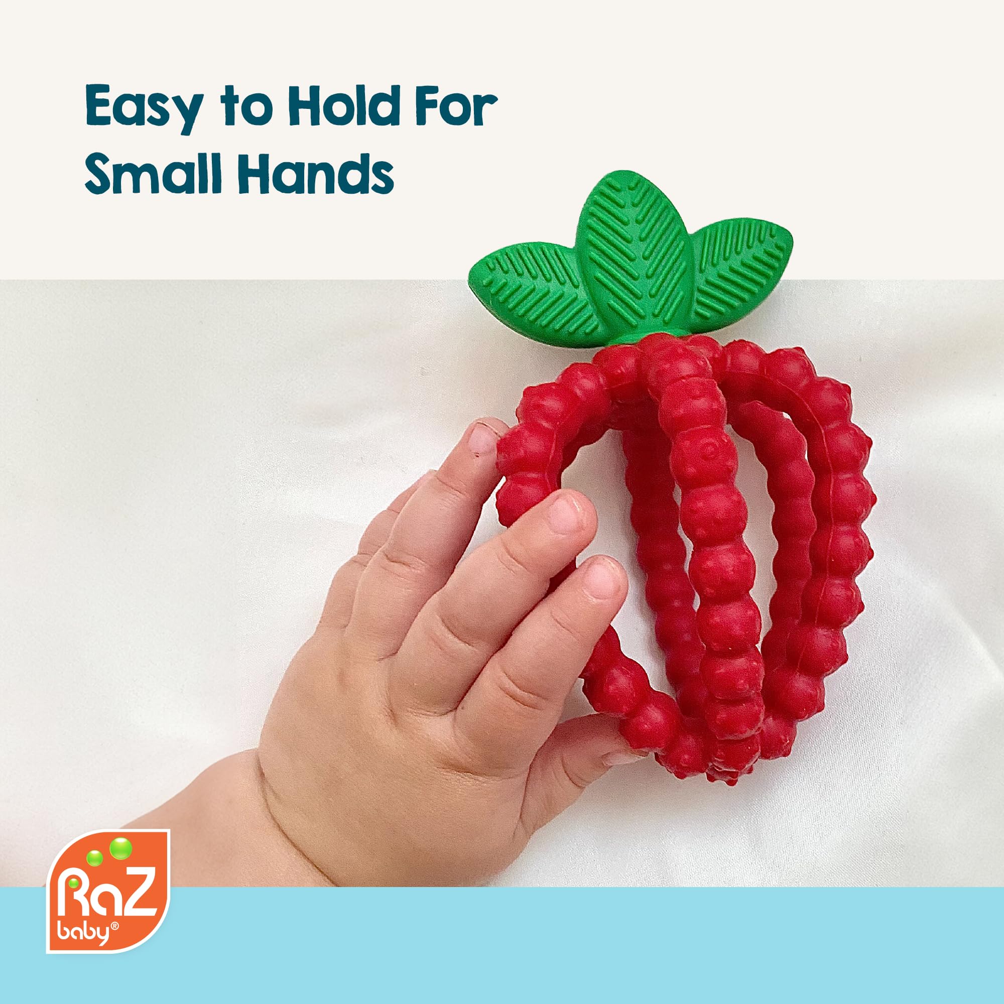 RaZbaby Bites ergonomic leaf-detail strawberry shape supports gentle gum relief
