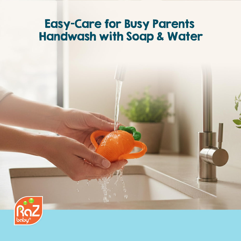 RaZbaby Carrot Teether supports early sensory play and coordination.