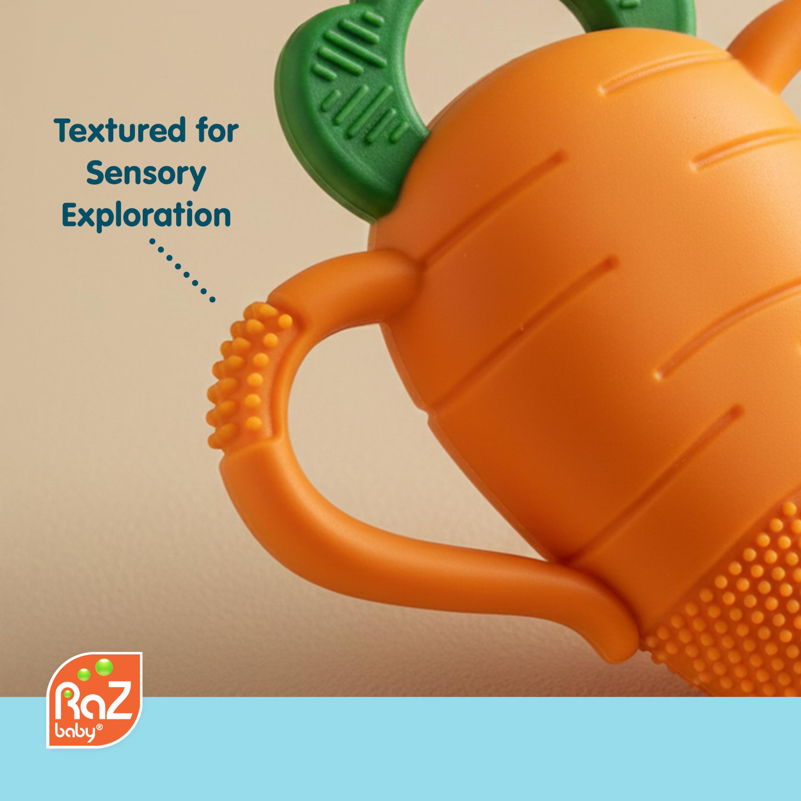 RaZbaby Carrot Teether features nature-inspired design for engagement.