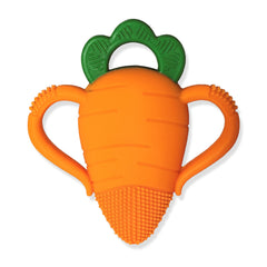 RaZbaby Carrot Teether in soft silicone soothes tender gums on the go.