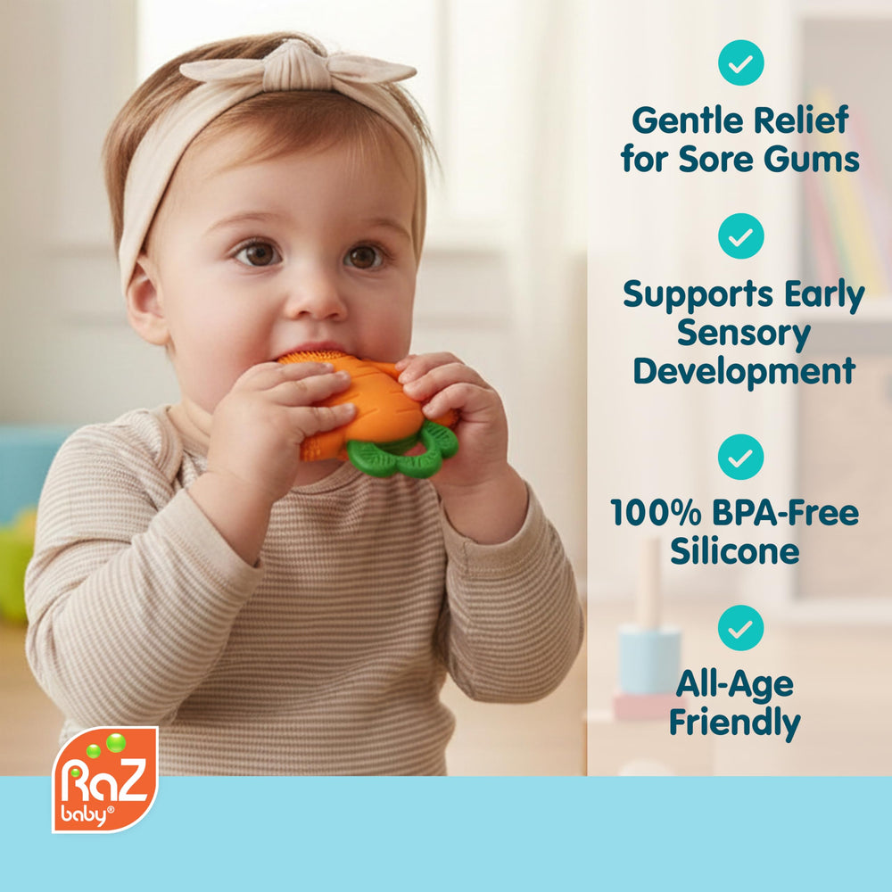 RaZbaby Carrot Teether with textured surfaces supports tactile exploration for babies.