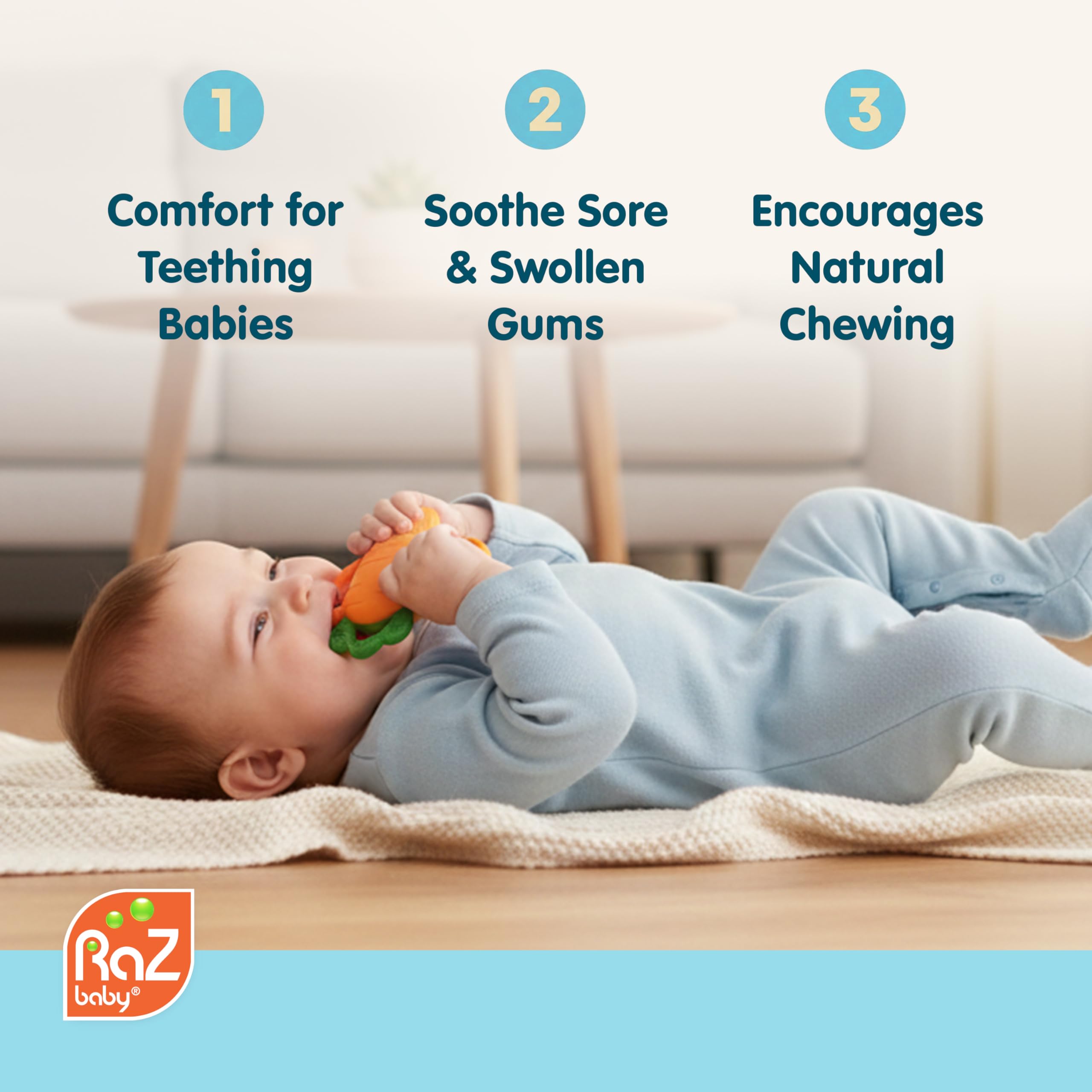 RaZbaby Carrot Teether travels light and fits in bags for on-the-go relief.