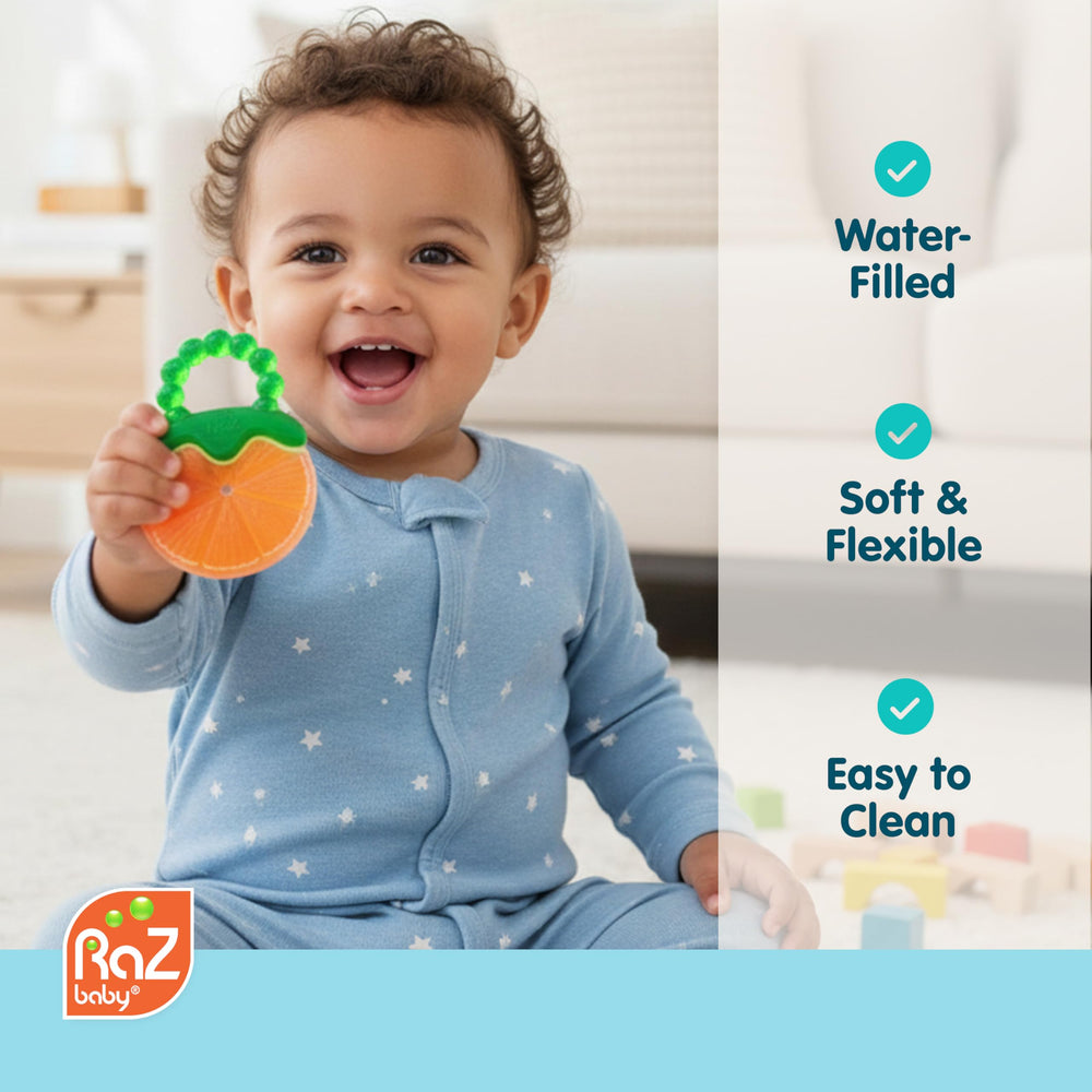 RAZBABY Fruit Koolers orange teether provides safe, flavor-free cooling comfort