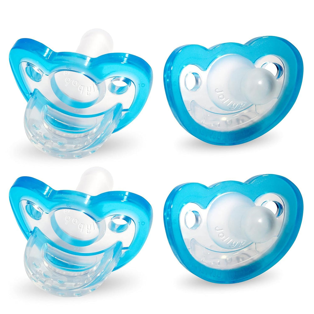 RaZbaby JollyPop blue pacifier close-up highlighting soft silicone and orthodontic design