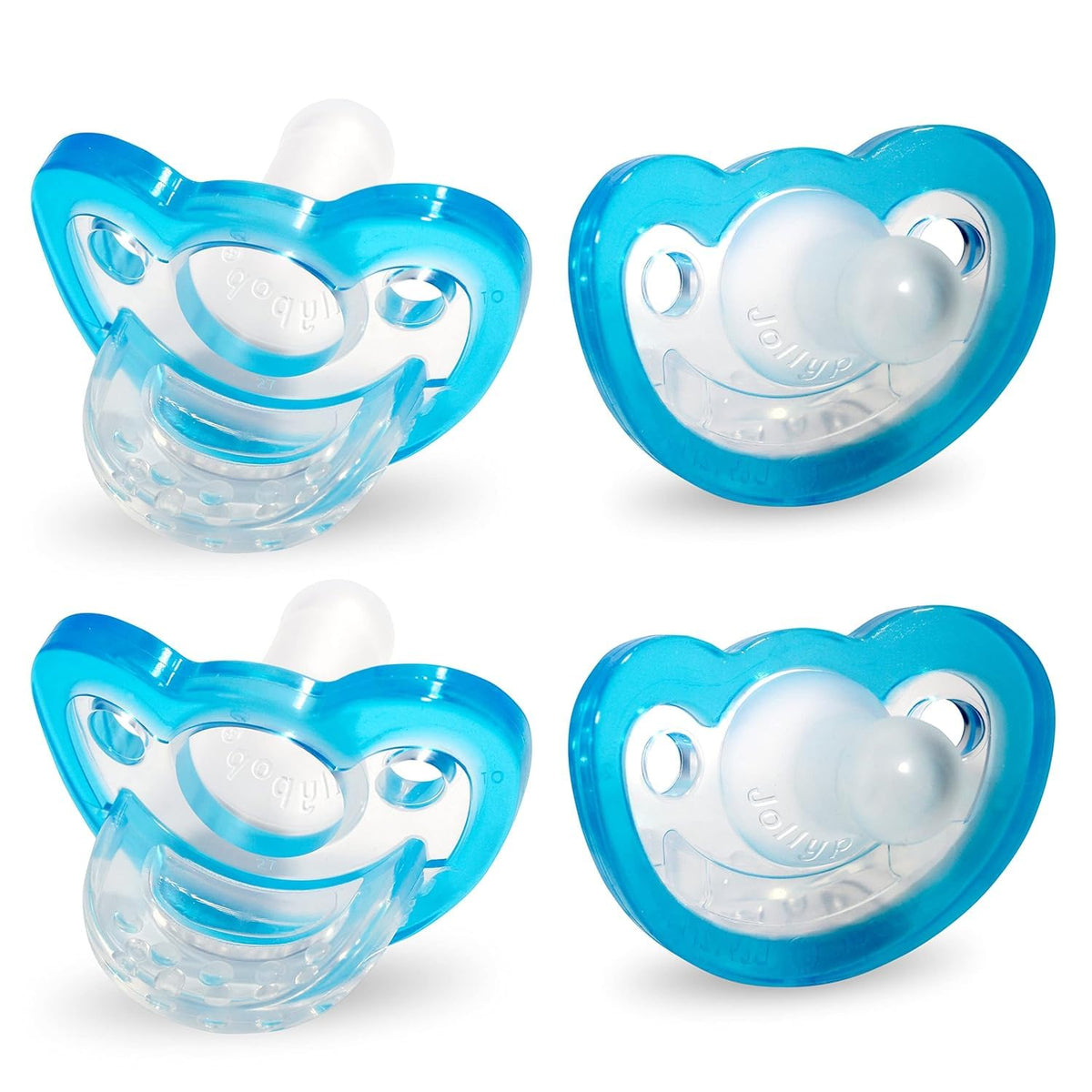RaZbaby JollyPop blue pacifier close-up highlighting soft silicone and orthodontic design