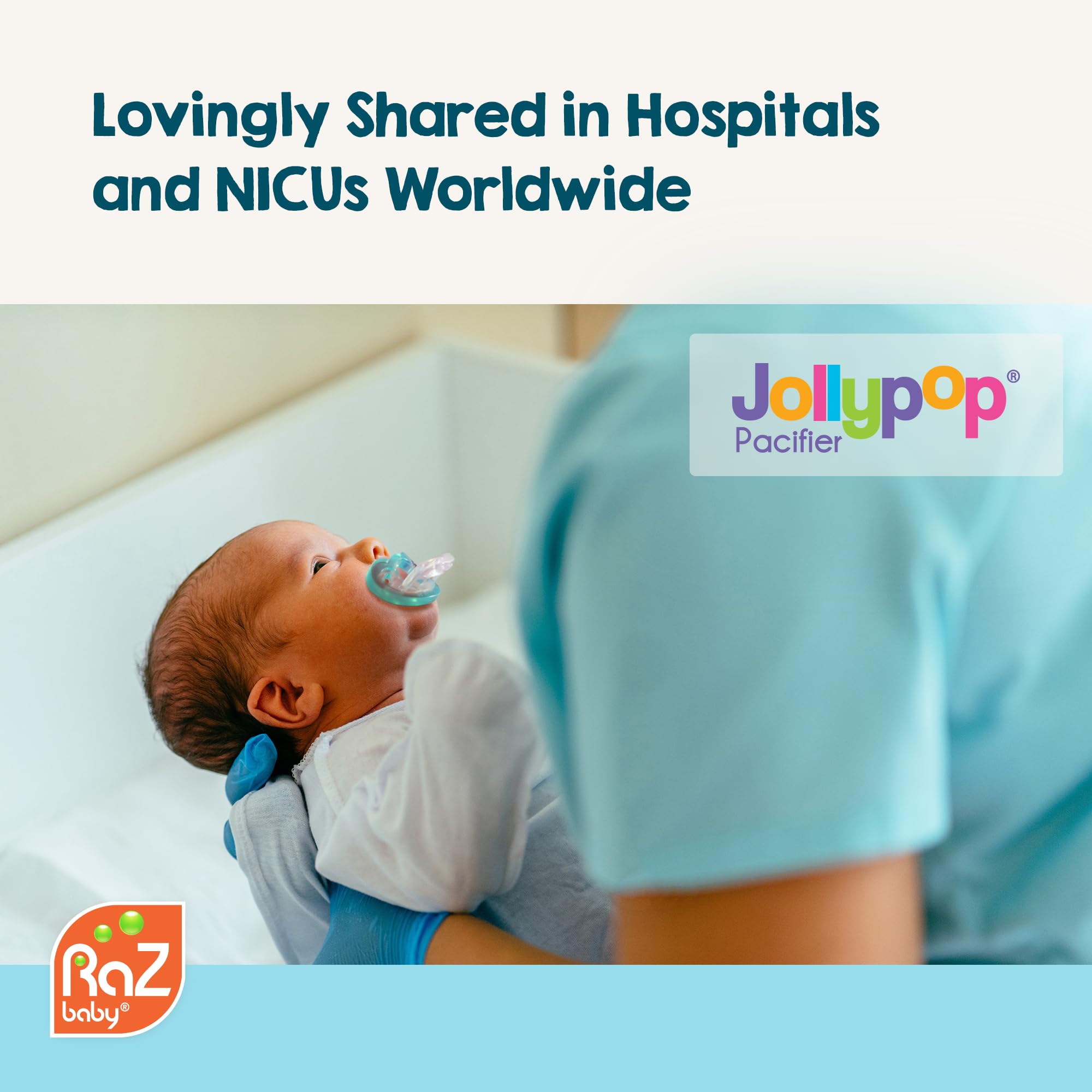 RaZbaby JollyPop newborn pacifier on a baby's face showcasing one-piece construction