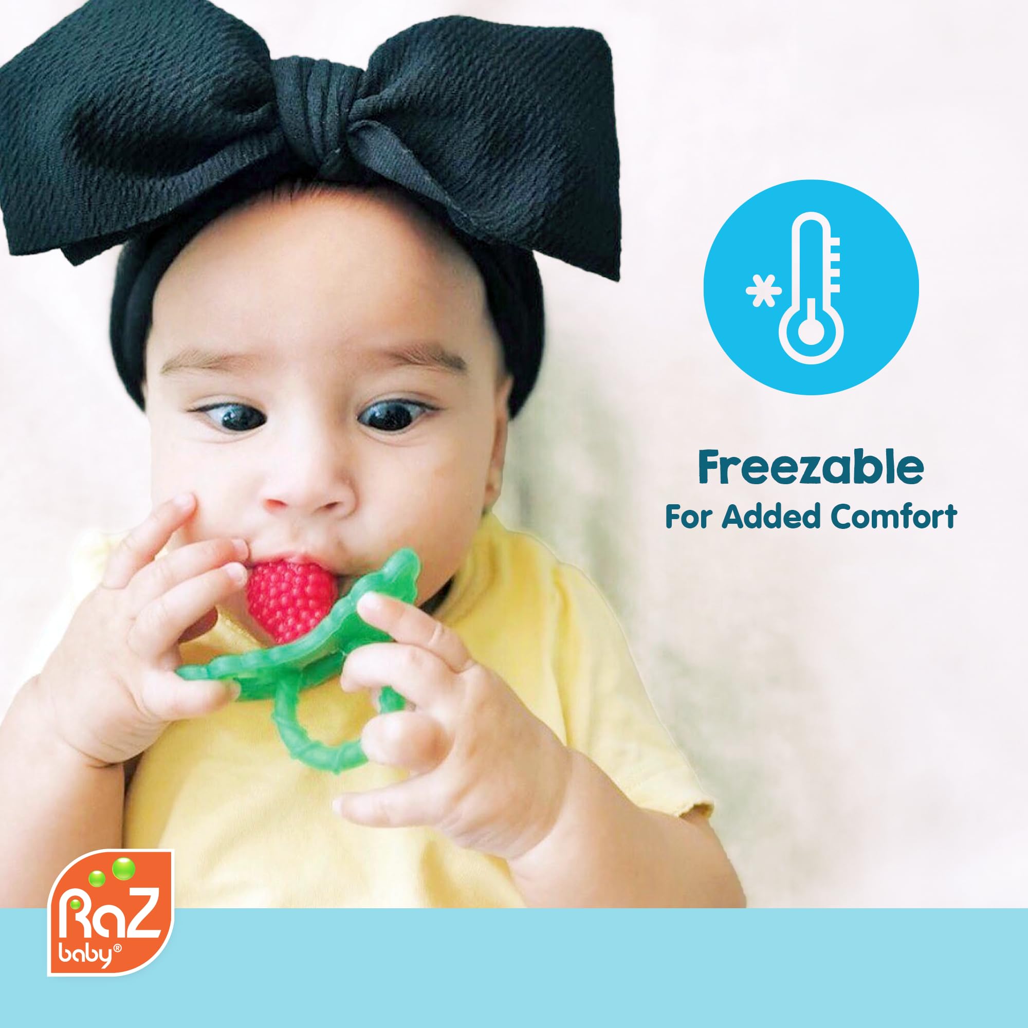 RaZbaby RaZberry teether is freezeable for extra cooling relief.