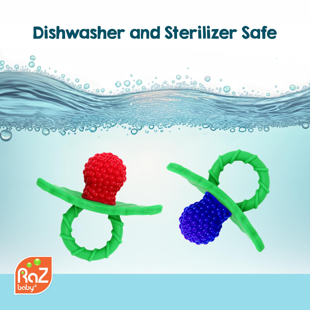 RaZbaby Razberry teether is dishwasher safe for easy cleaning.
