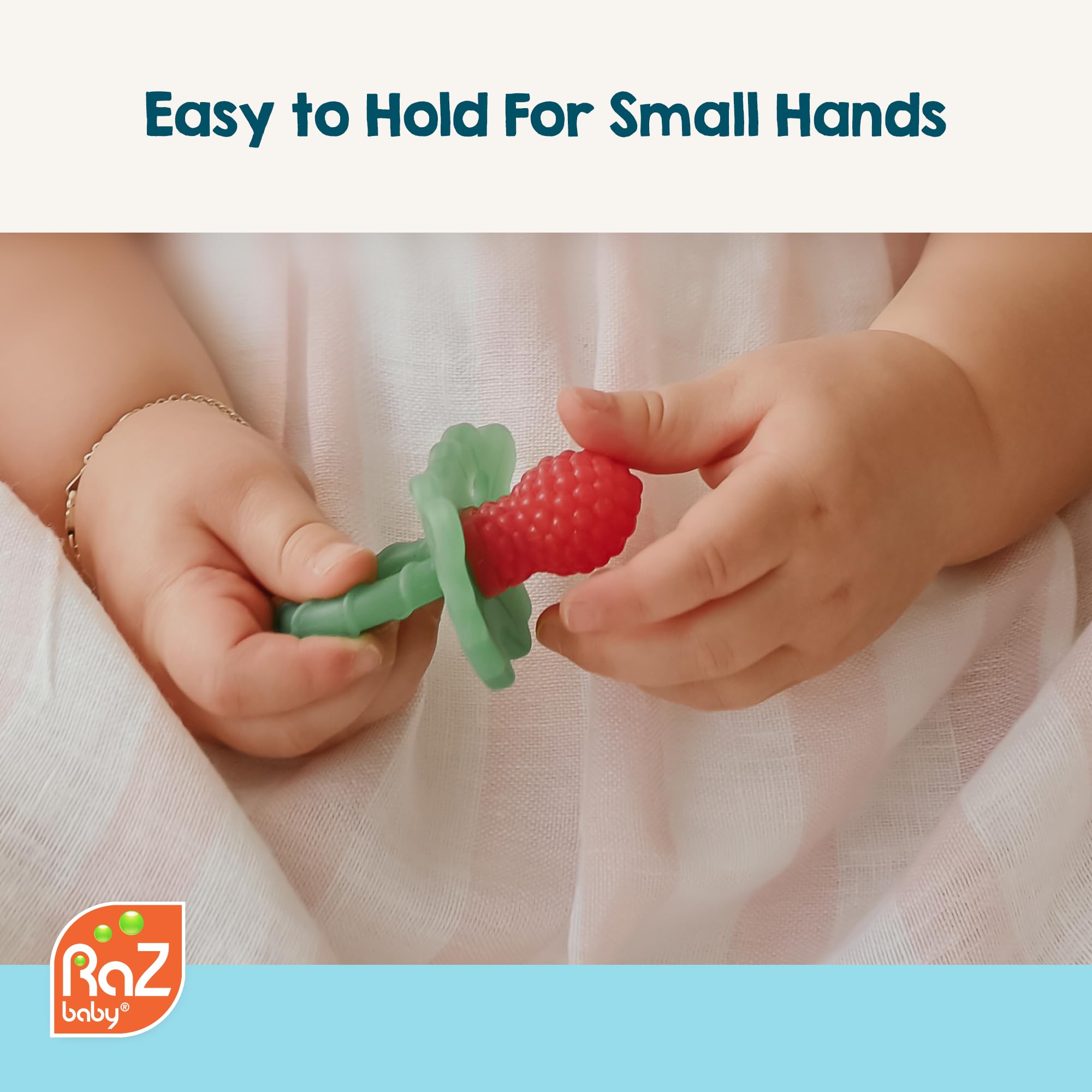 RaZbaby RaZberry teether uses safe food-grade silicone material.