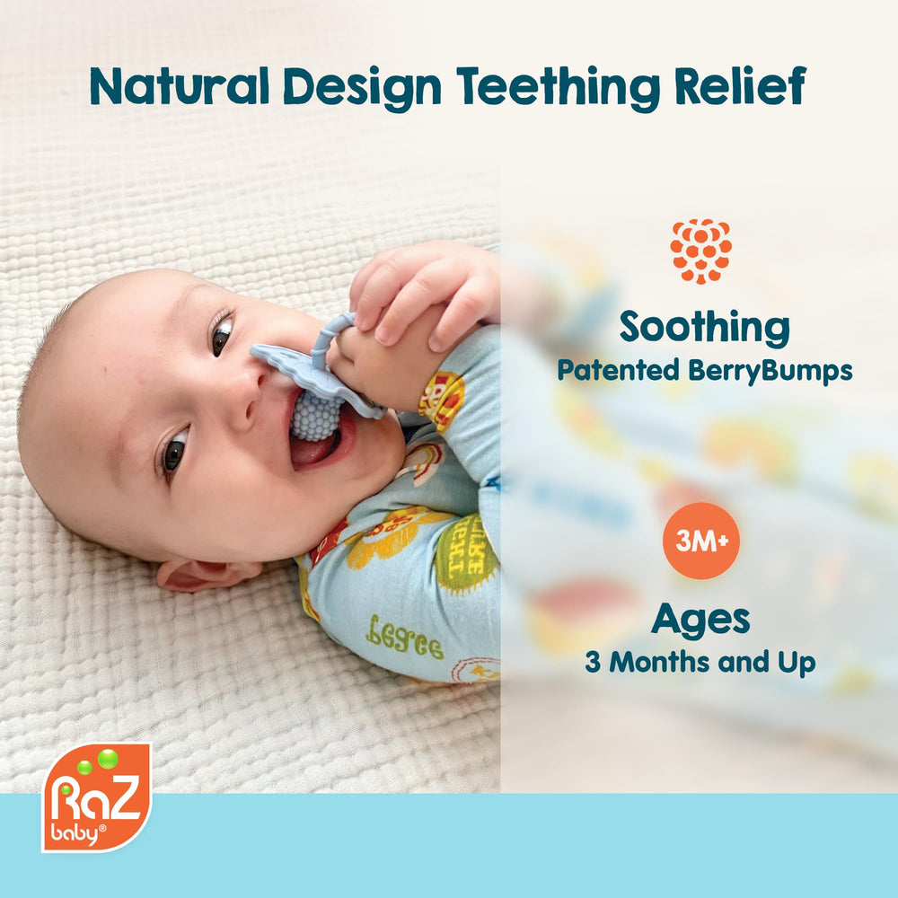Razberry teether freeze feature offers cooling teething comfort.