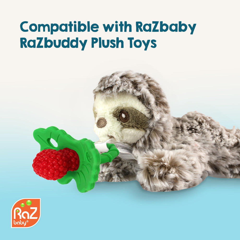 RaZbaby Razberry teether portable design ideal for on-the-go soothing.