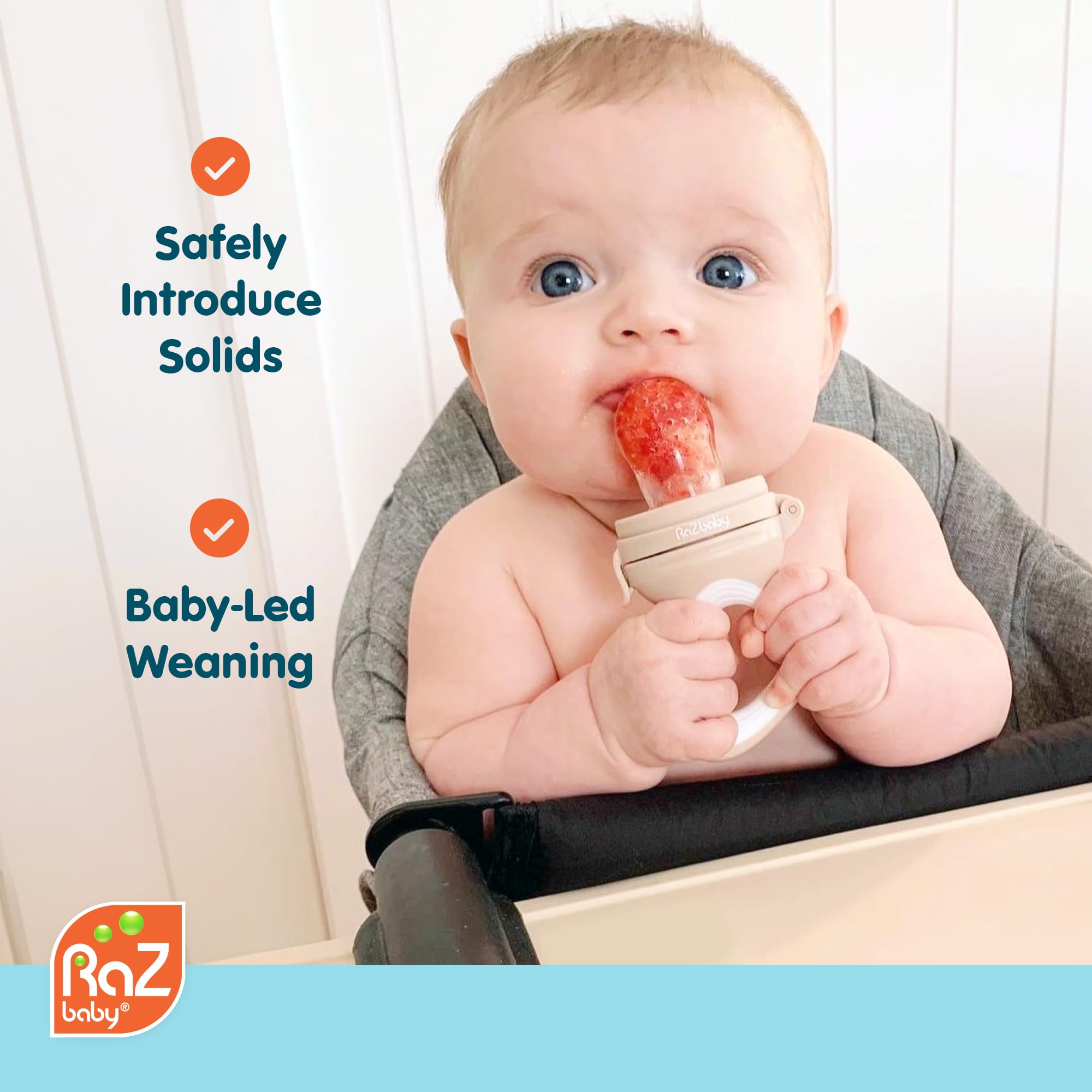 RaZbaby silicone pouch close-up showing texture for fruits and soft foods.