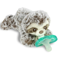RaZbaby Sloth RaZbuddy pacifier holder with plush companion for on-the-go comfort.