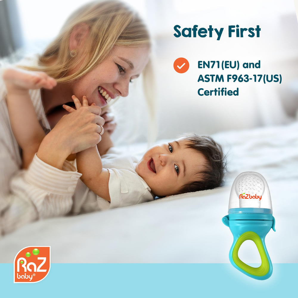 RaZbaby teething-friendly feeder offering sensory exploration and flavor variety.