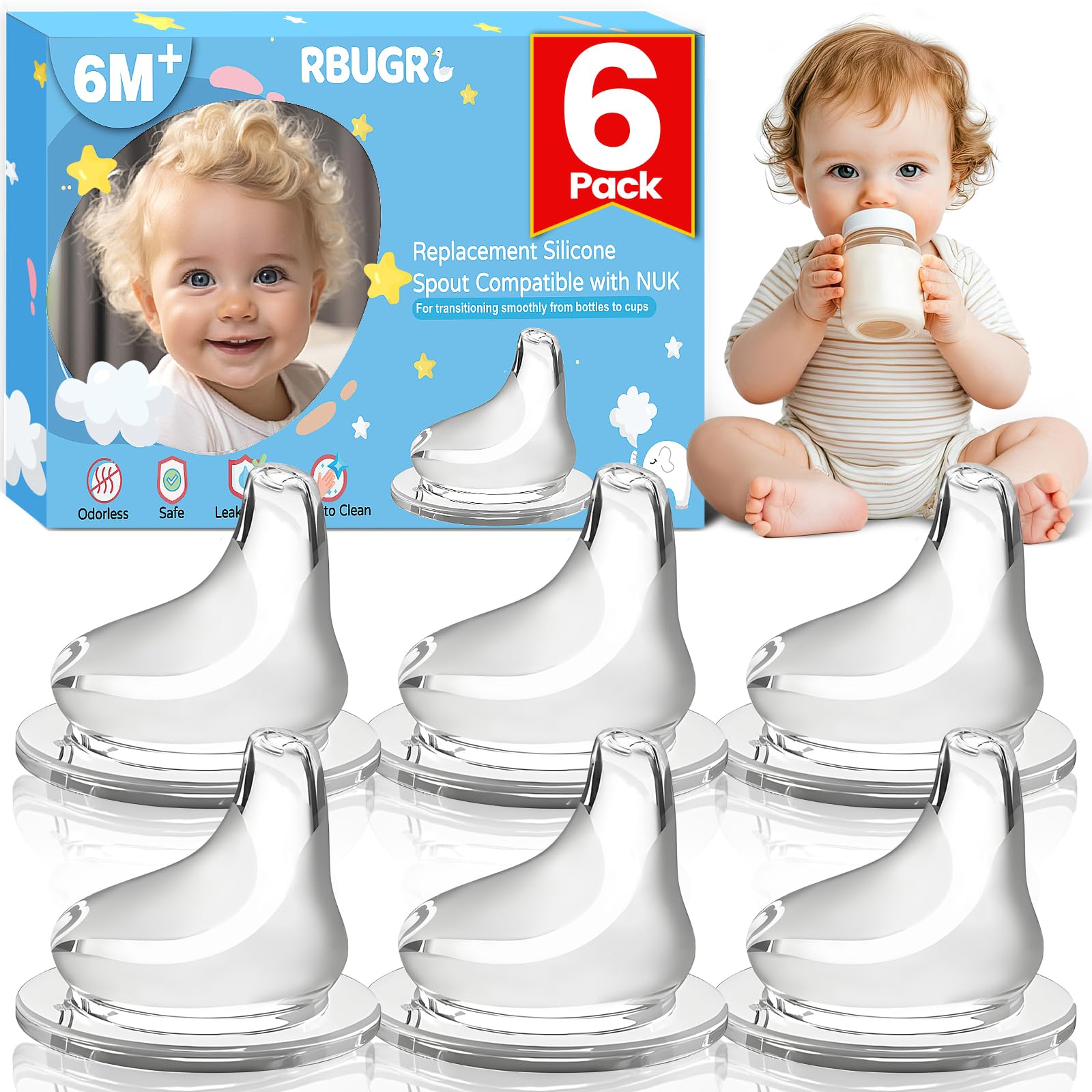 RBUGR six-pack silicone spouts fit NUK Active cups securely.