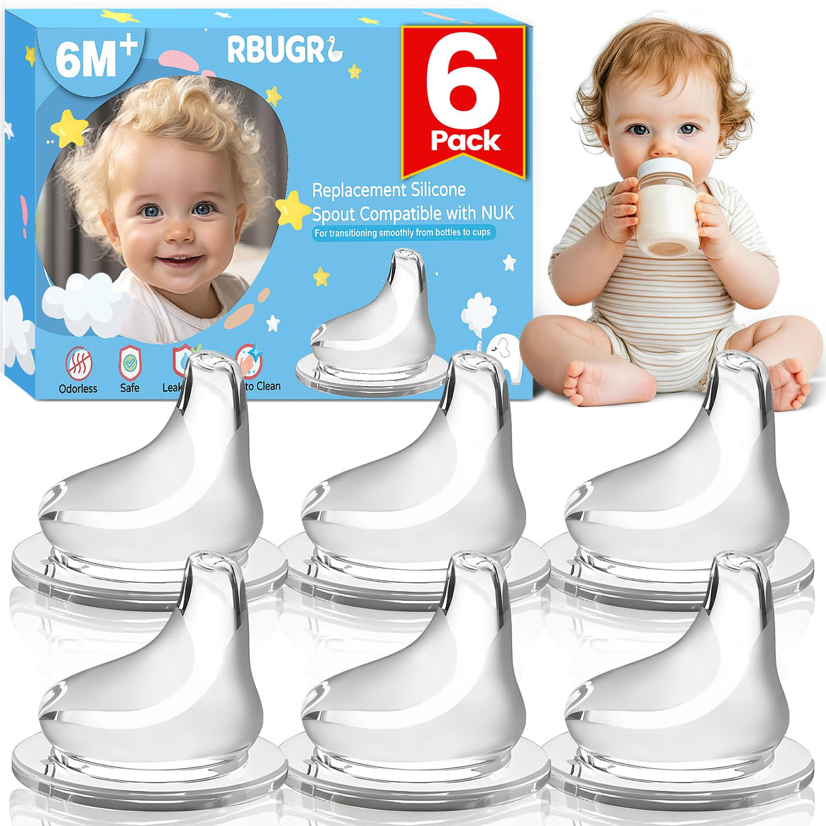 RBUGR six-pack silicone spouts fit NUK Active cups securely.