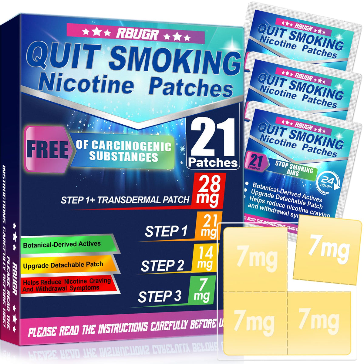 RBUGR nicotine patches Step 1+ 28mg pack front—discreet daily wear for cravings control.