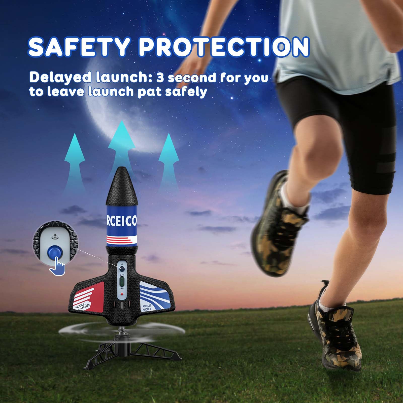 Rceico rocket features a 3-second delayed launch for safer setup.