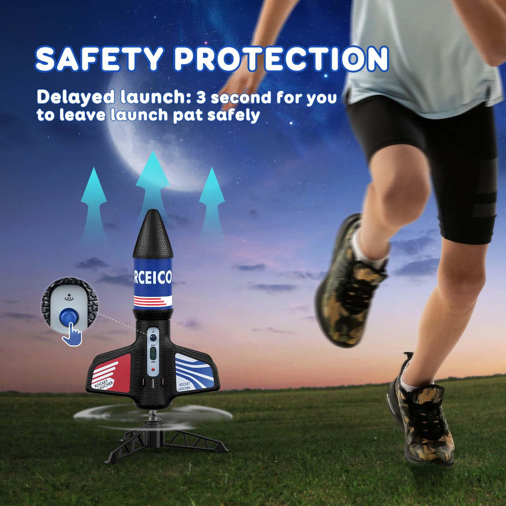 Rceico rocket features a 3-second delayed launch for safer setup.