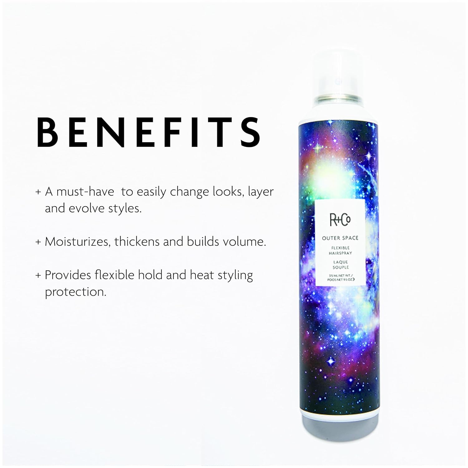 R+Co Outer Space Light Spray bottle close-up highlights memory-based hold for versatility.