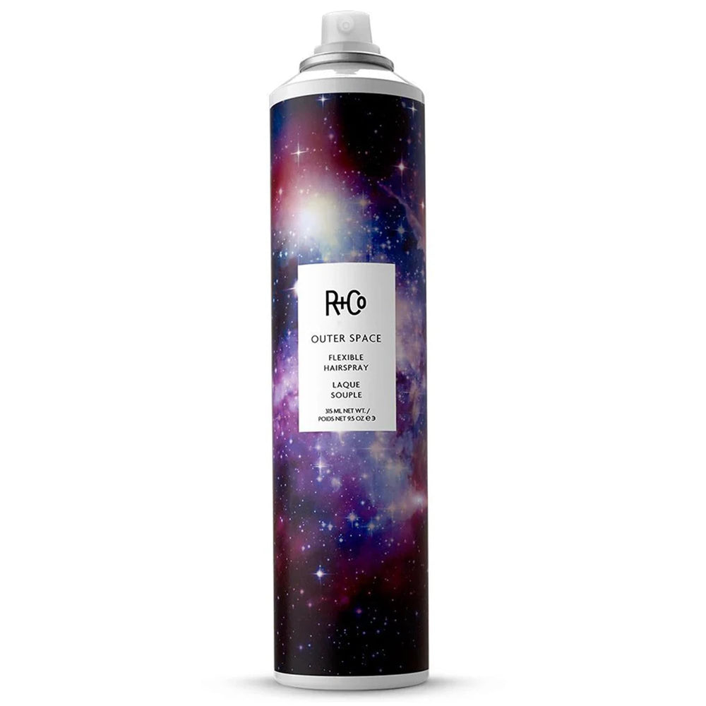 R+Co Outer Space Light Spray front label shows unscented formula for flexible styling.
