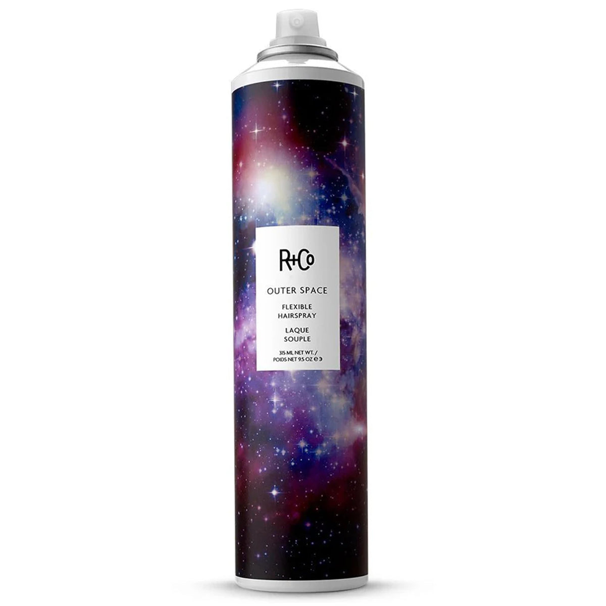 R+Co Outer Space Light Spray front label shows unscented formula for flexible styling.