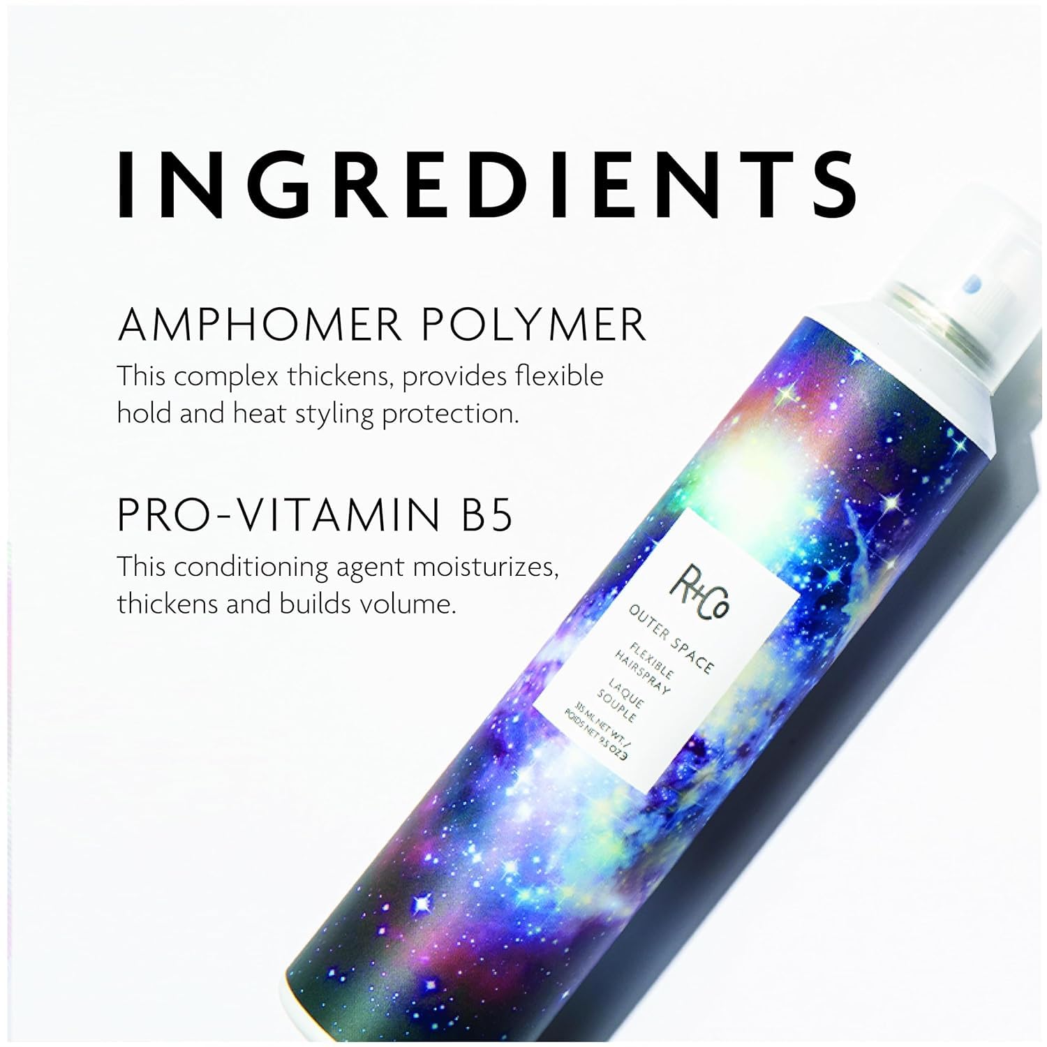 R+Co Outer Space Light Spray memory hold visual communicates lasting volume.