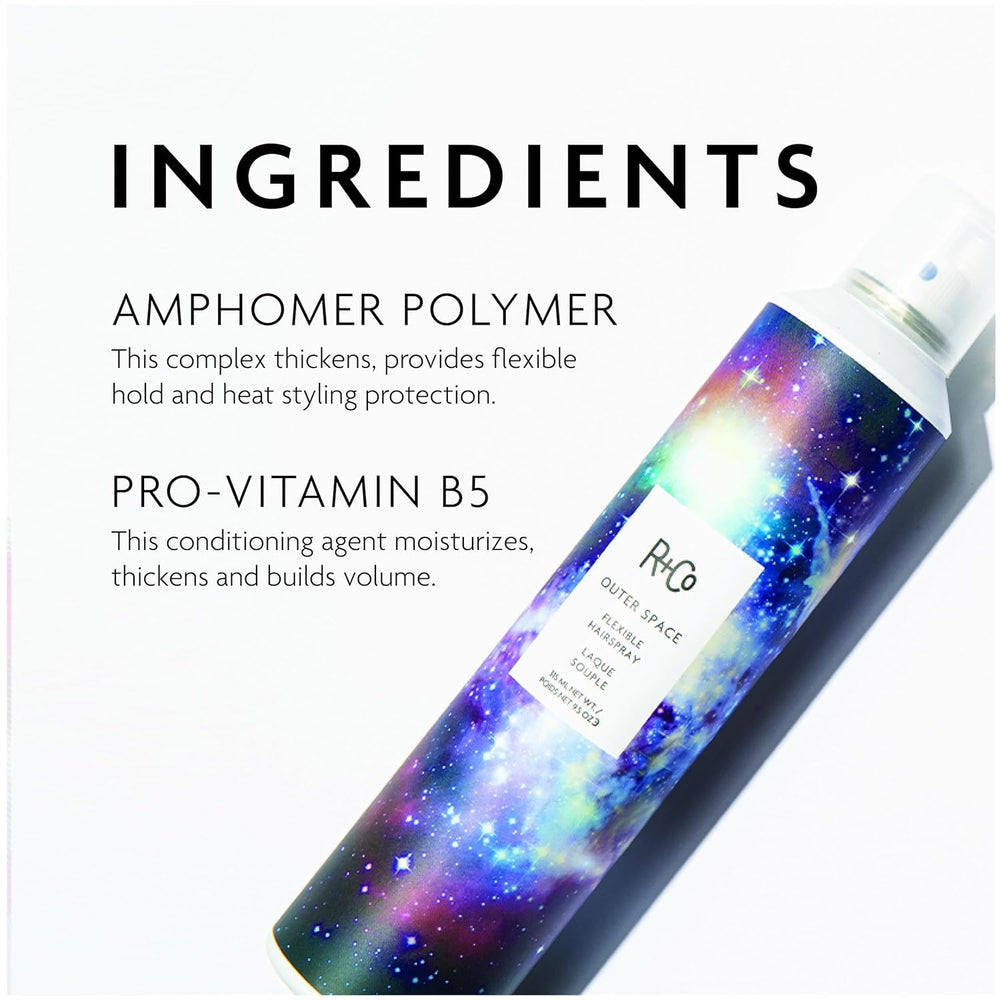 R+Co Outer Space Light Spray memory hold visual communicates lasting volume.