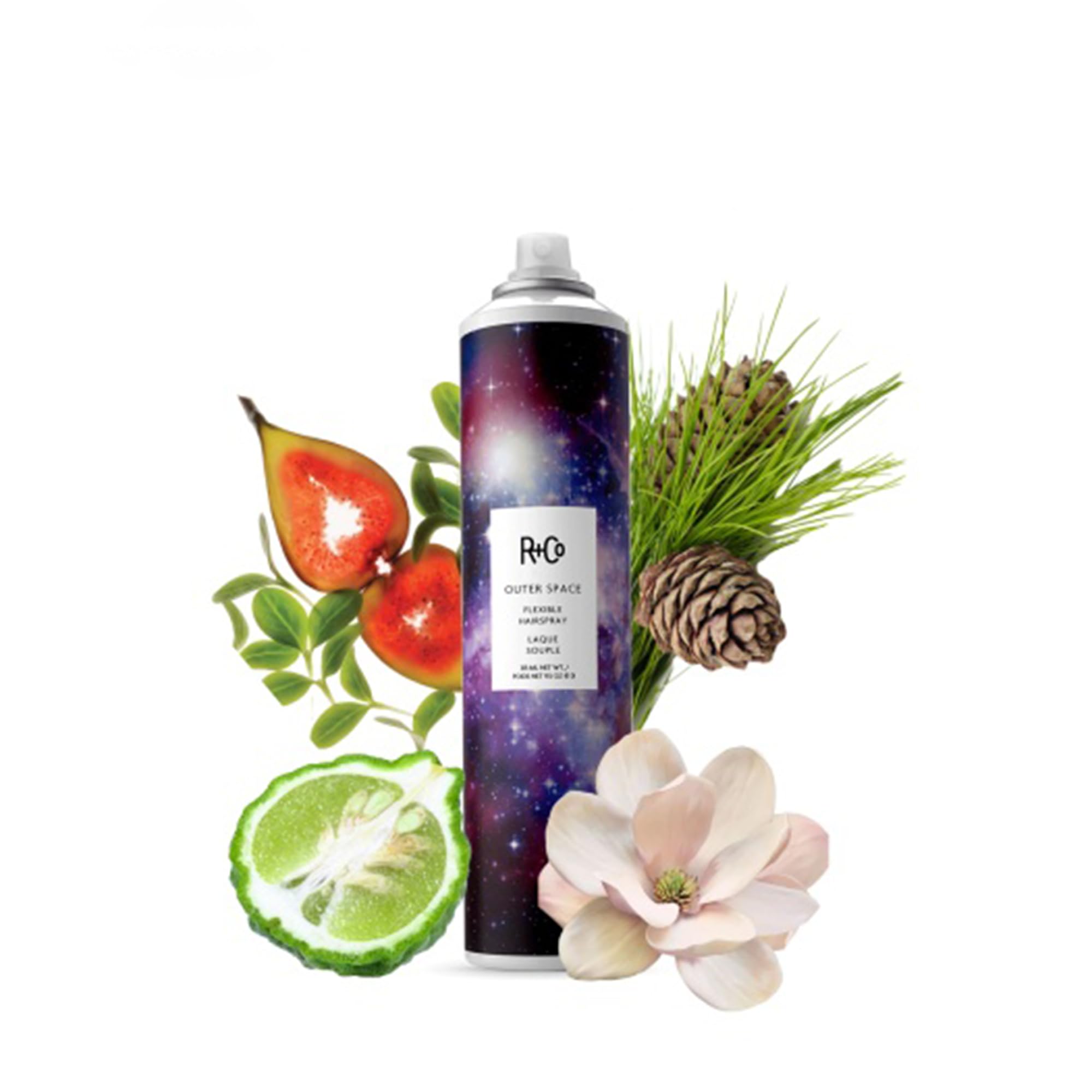 R+Co Outer Space Light Spray UV protection emphasizes sun-safe hair care.