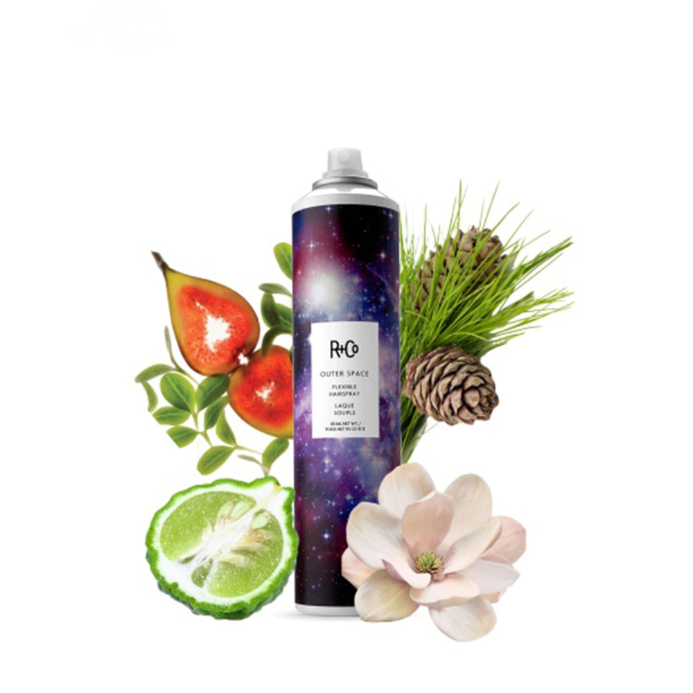 R+Co Outer Space Light Spray UV protection emphasizes sun-safe hair care.