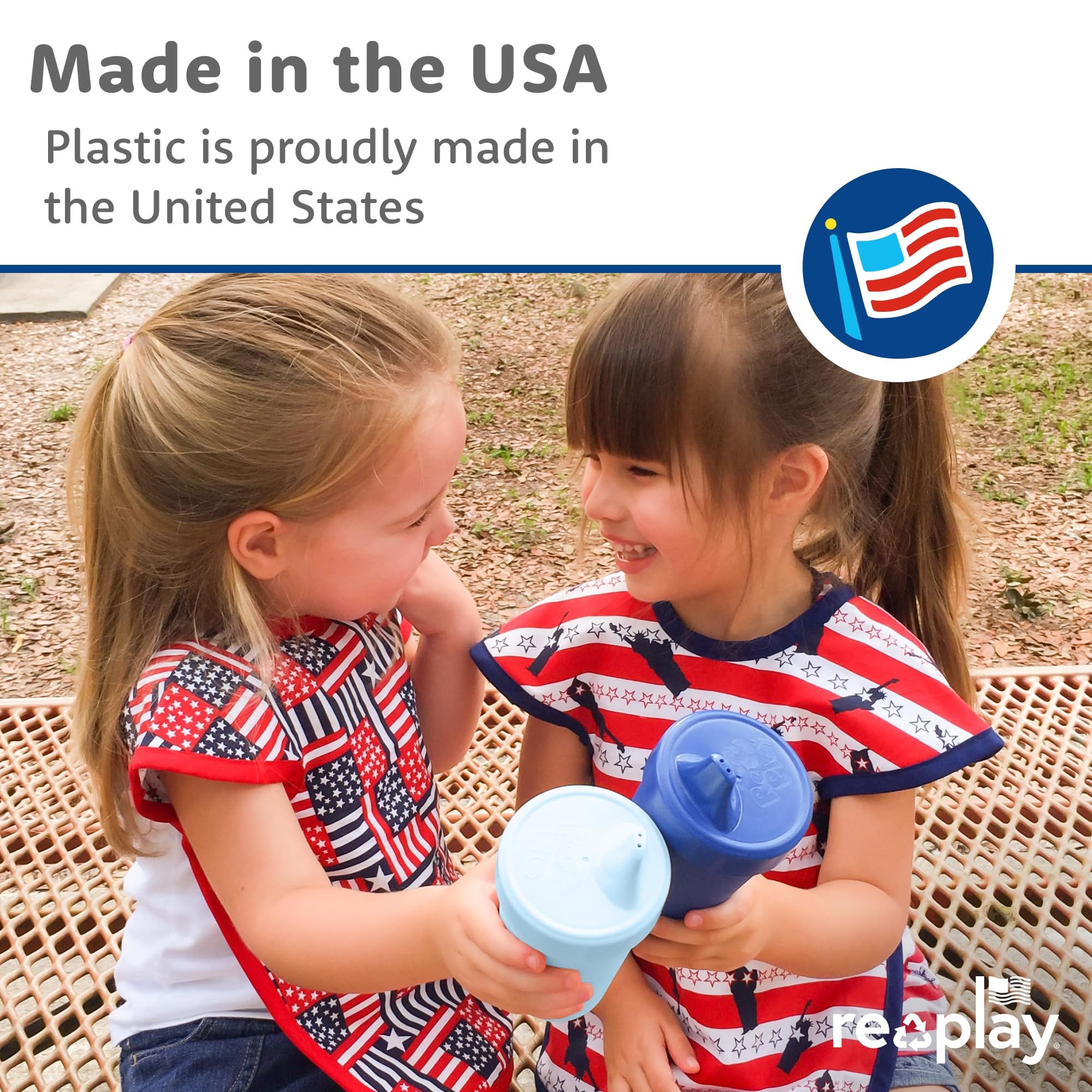 Re-Play durable plastic cups withstand energetic toddler play while staying leak-resistant.