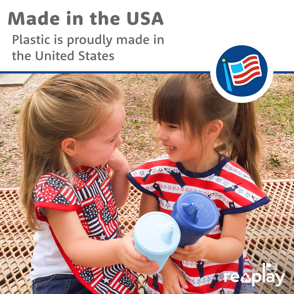 Re-Play durable plastic cups withstand energetic toddler play while staying leak-resistant.