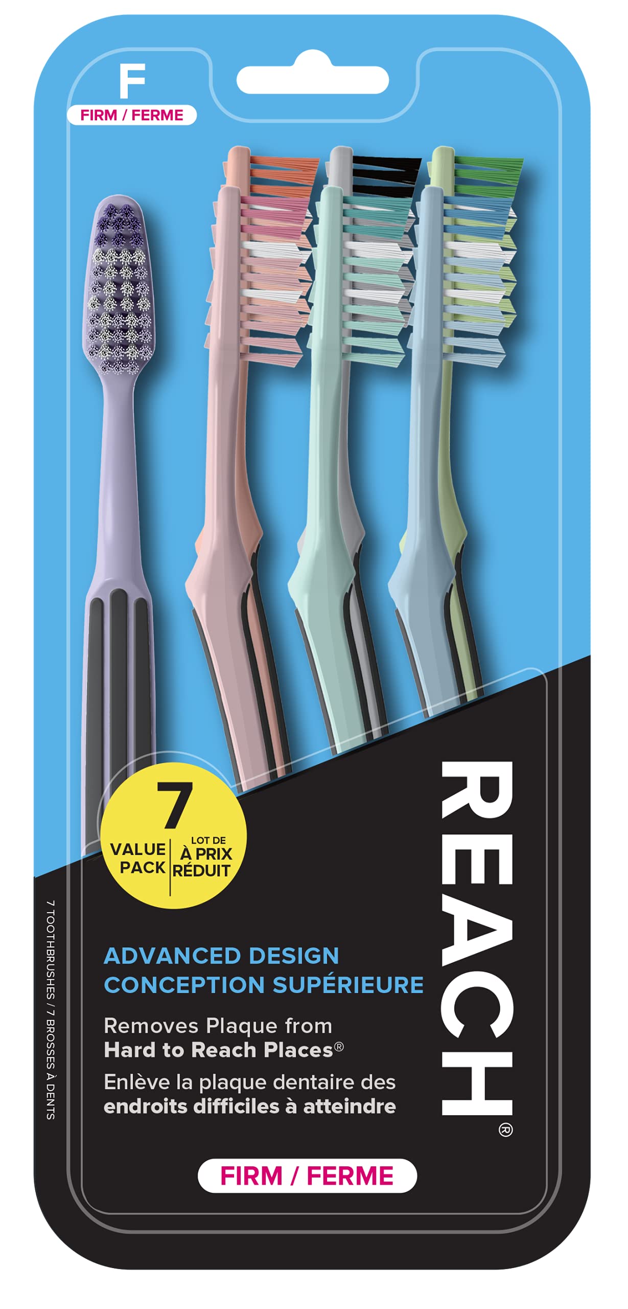 Reach Advanced Design Toothbrush angled neck for easier back teeth access.
