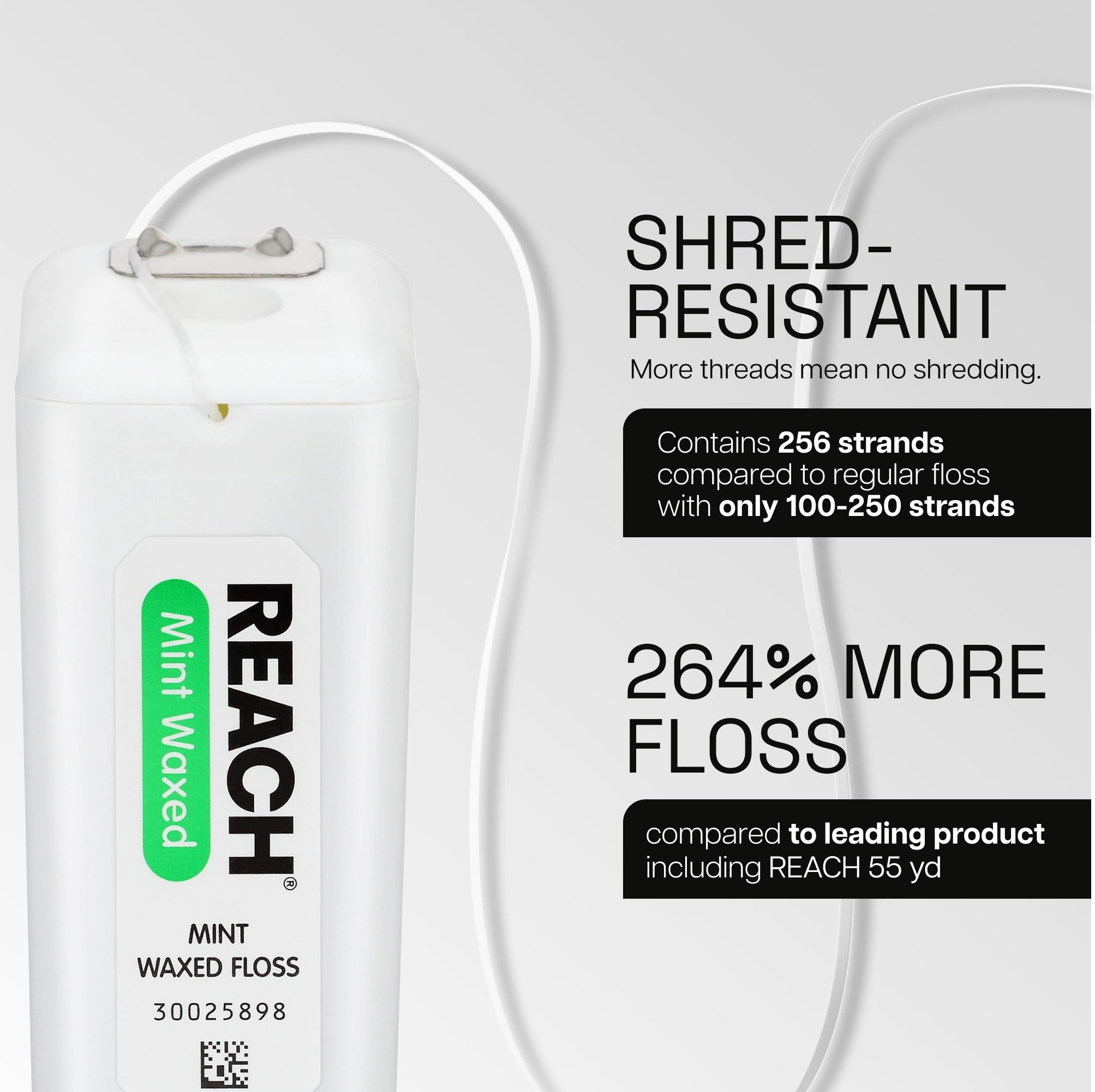 Reach floss shows shred-resistant threads for durable daily use.