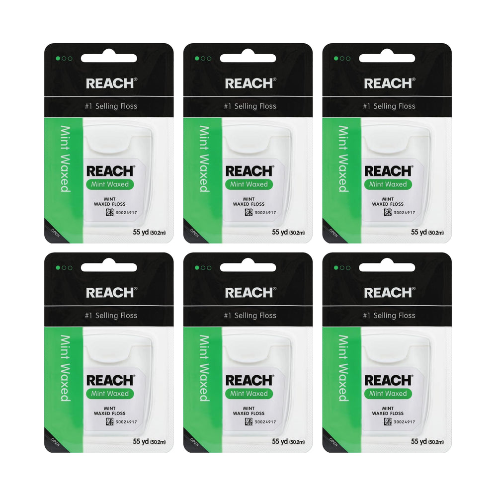 Reach Mint Waxed floss 55 yards for smooth sliding between teeth.