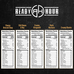 Ready Hour freeze-dried meals variety pack, convenient pouch system for flexible portioning during trips.