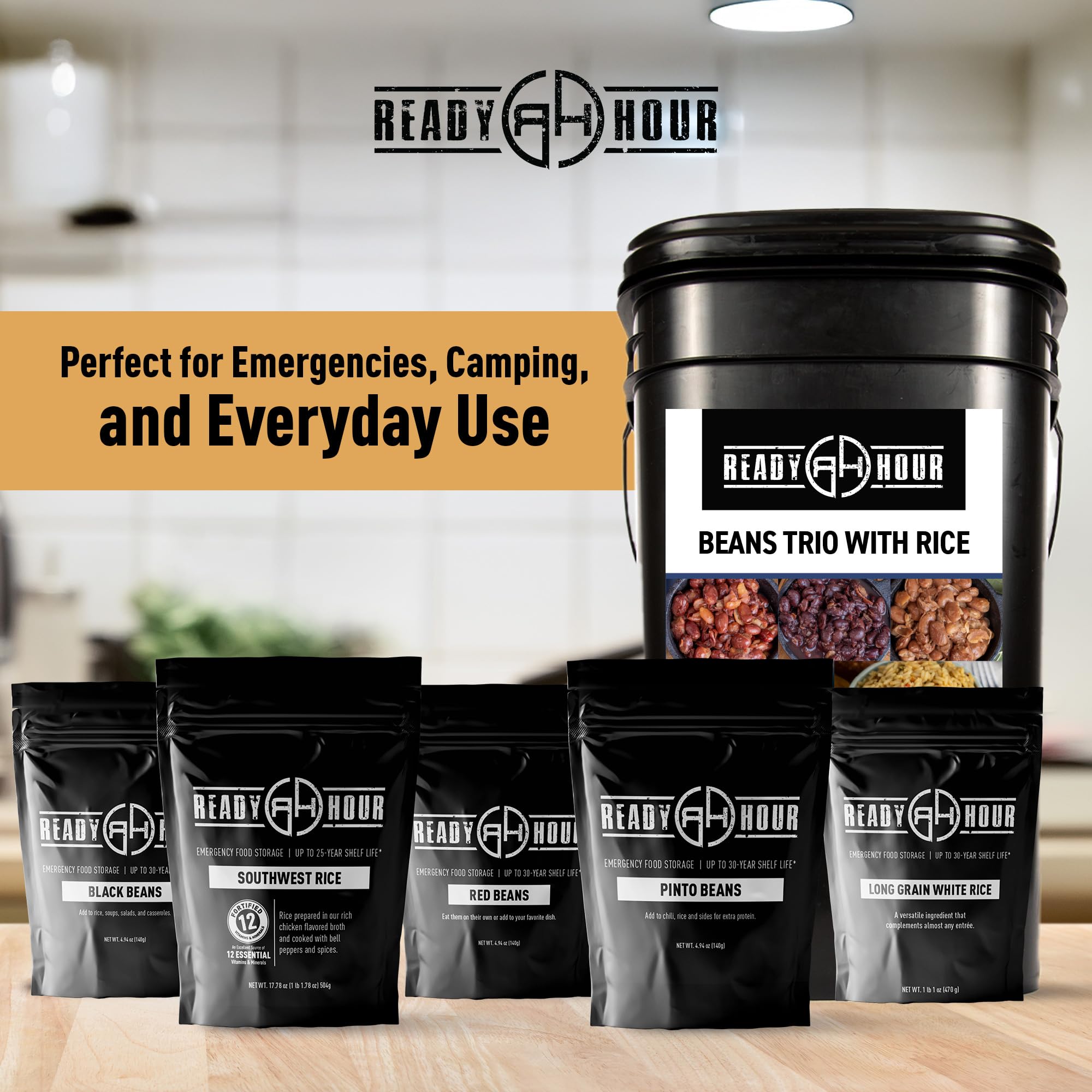 Ready Hour quadruple-wrap pouches inside rugged bucket for durable storage