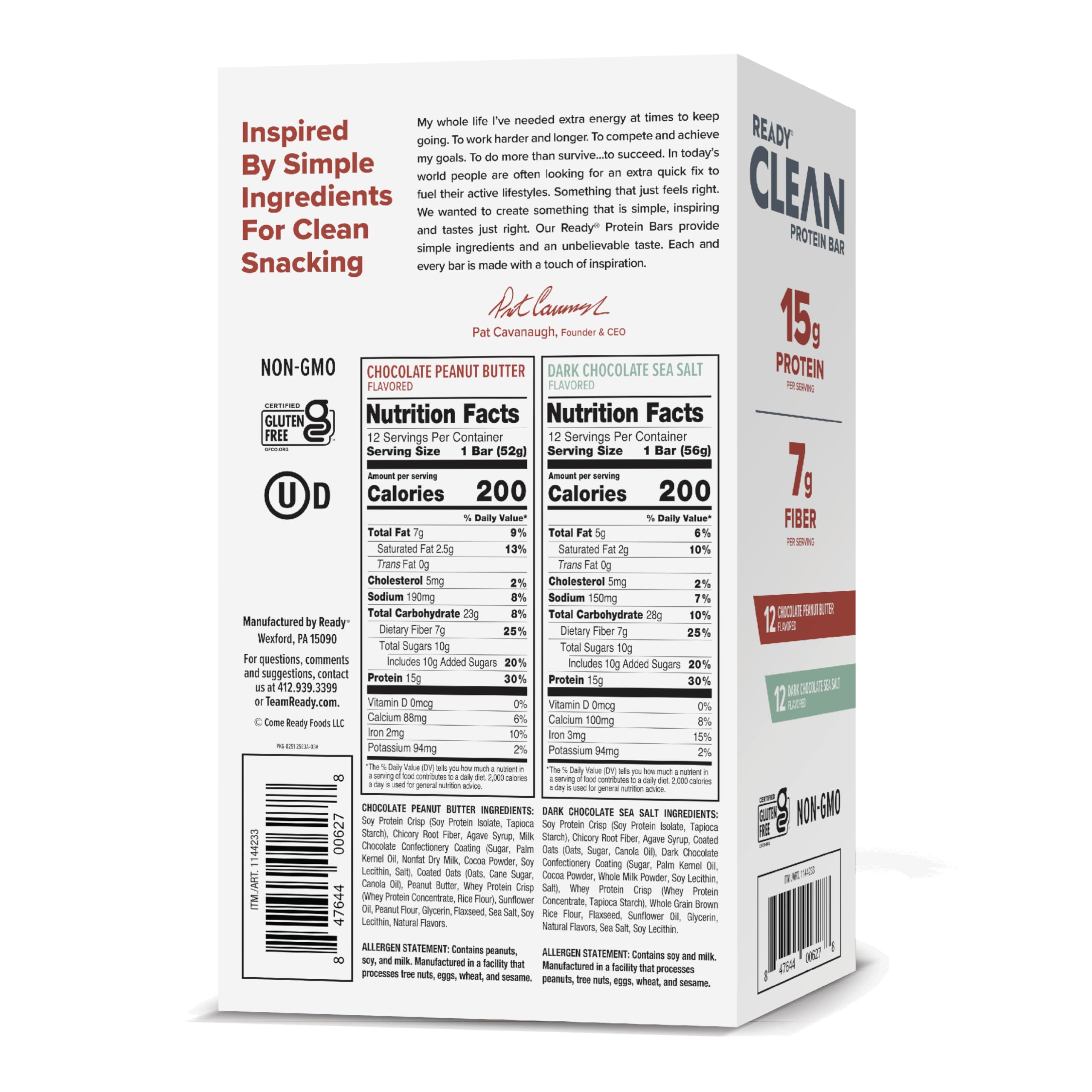 Ready Protein Bars showing 15g protein for lean-muscle support.